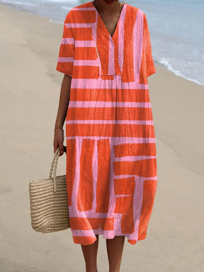 Abstract Geometric Print Deep V-Neck Shift Midi Dress