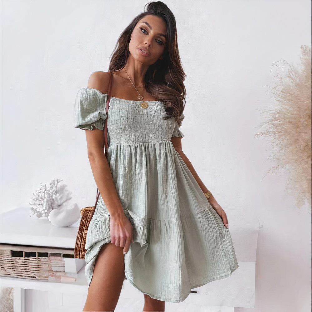 Off Shoulder Smocked Puff Sleeve Tiered Babydoll Mini Dress
