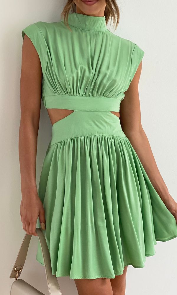 Mock Neck Sleeveless Cut Out Waist Pleated A-Line Mini Summer Dress
