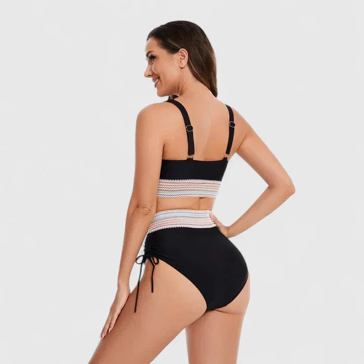 Triangle Top Ruched Chevron Trim High Waist Bikini Set