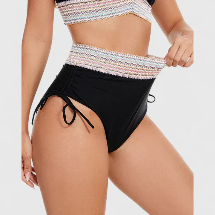 Triangle Top Ruched Chevron Trim High Waist Bikini Set
