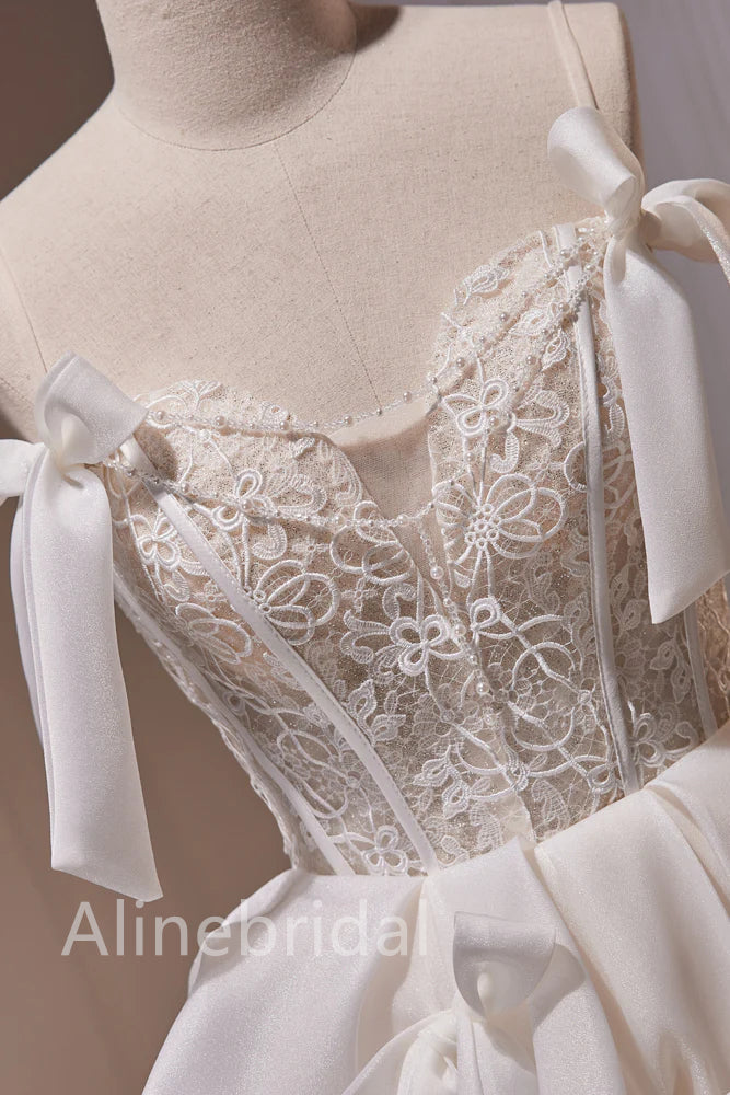 Lace Corset Bodice Bow Strap Ruffled Satin Homecoming Mini Dress 2