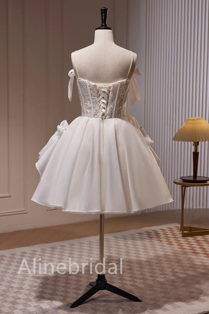 Lace Corset Bodice Bow Strap Ruffled Satin Homecoming Mini Dress 4