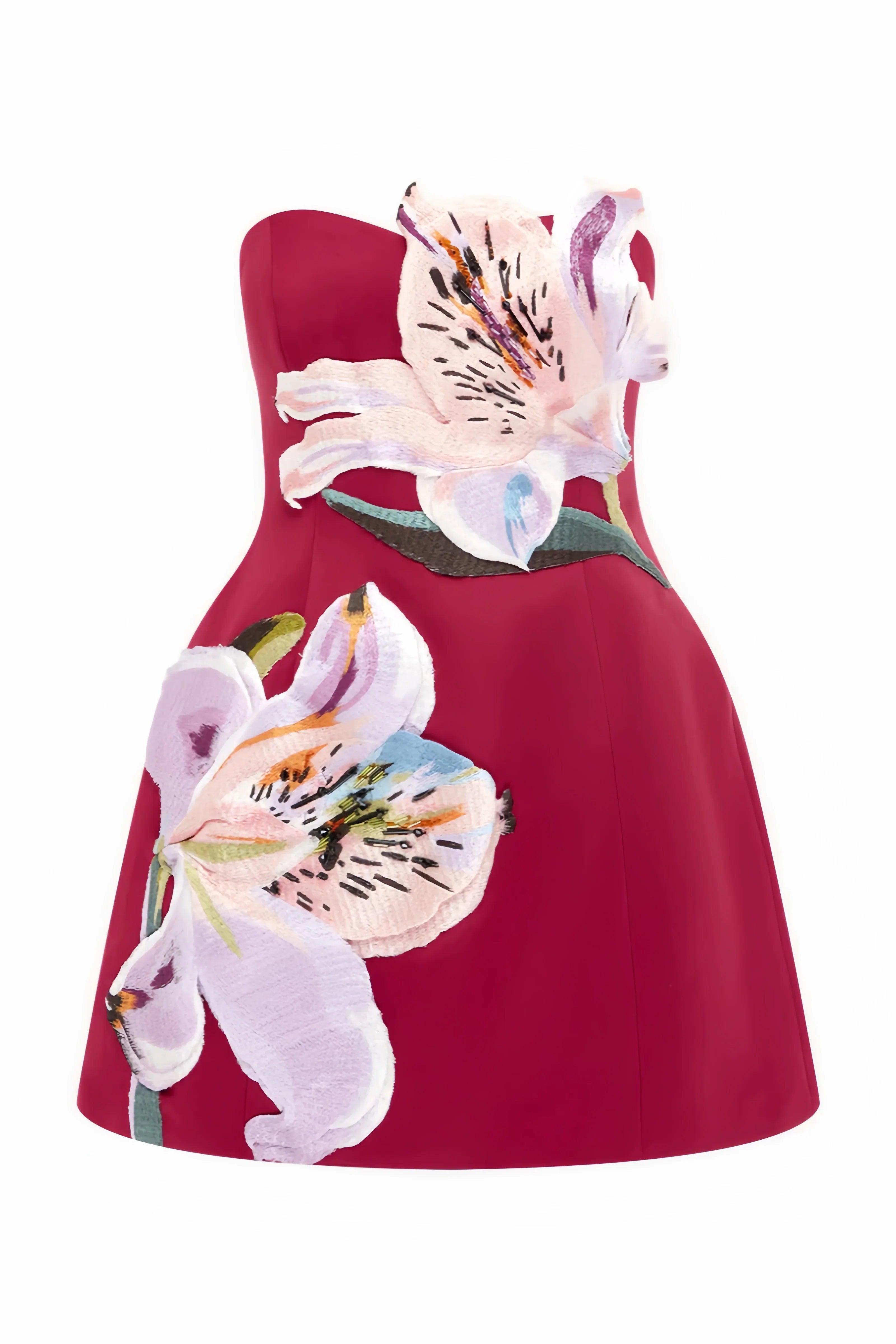 3D Lily Applique Strapless A-Line Mini Dress