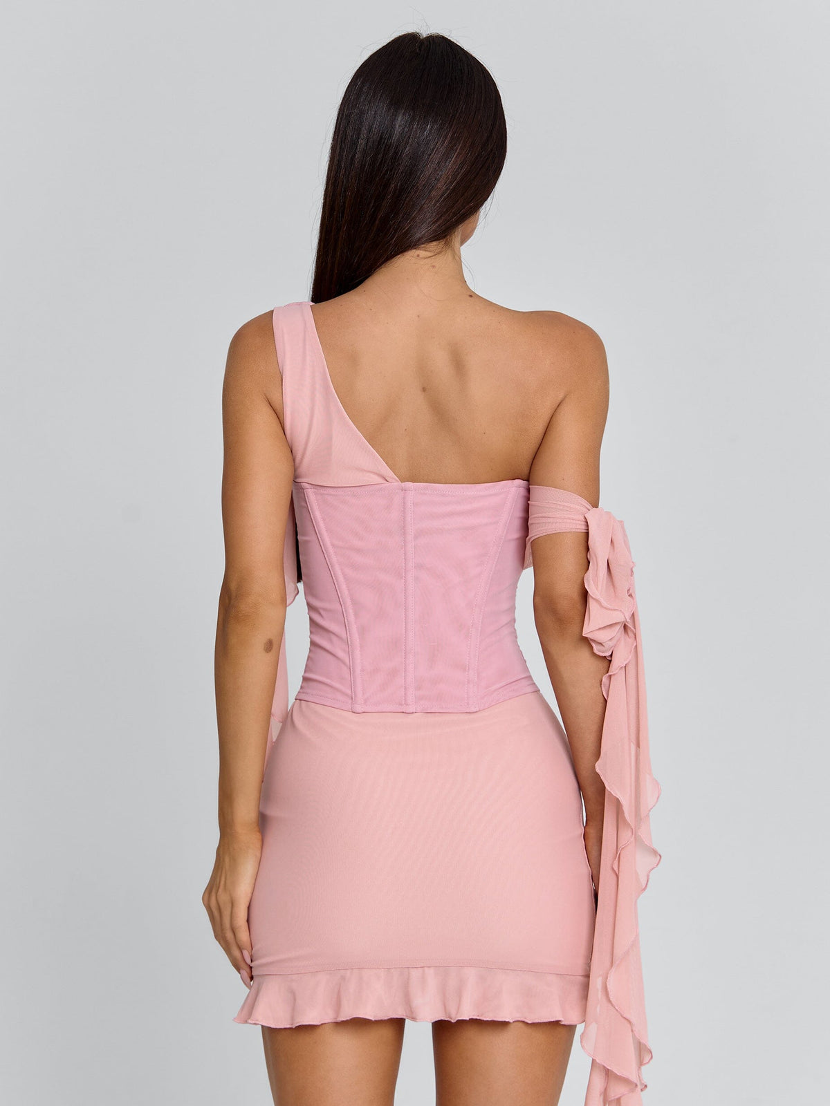 Embroidered Corset One Shoulder Mesh Drape Rosette Mini Dress 7