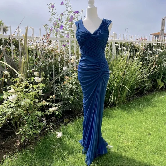 Vintage Fashion Mermaid V Neckline Navy Blue Floor Length Evening Dress Prom Dresses SD1881