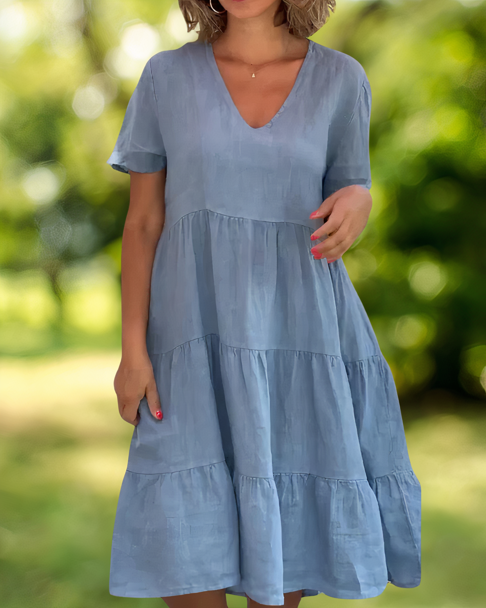 V-Neck Short Sleeve Tiered Babydoll Knee Length Summer Dress