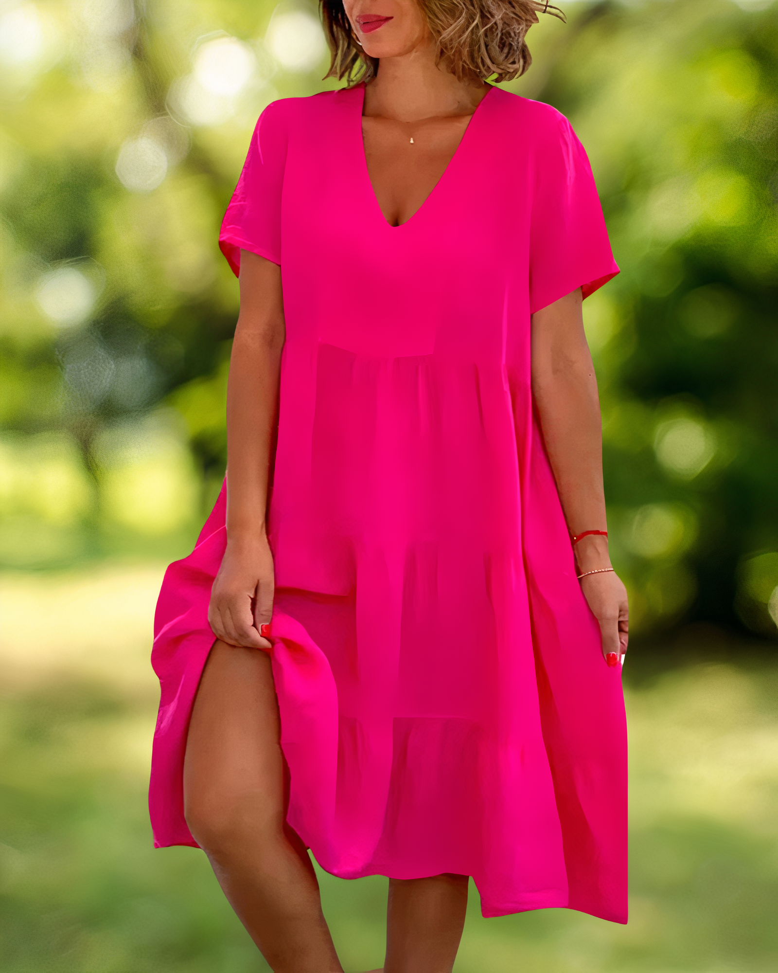 V-Neck Short Sleeve Tiered Babydoll Knee Length Summer Dress