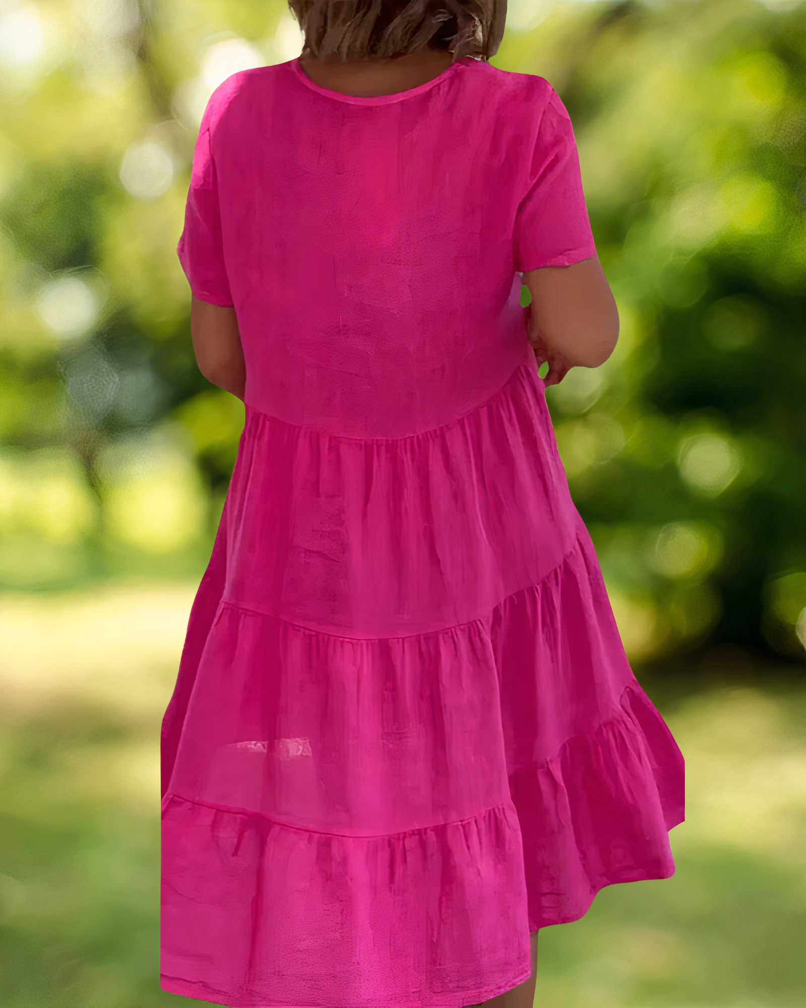 V-Neck Short Sleeve Tiered Babydoll Knee Length Summer Dress