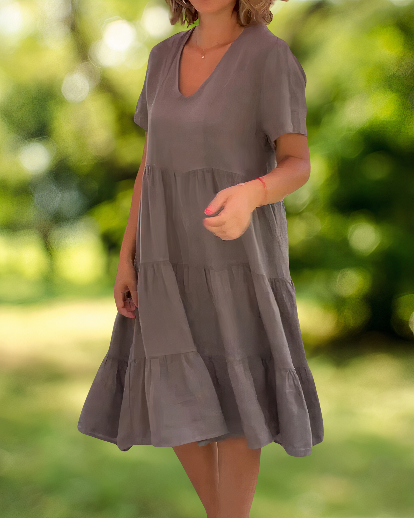 V-Neck Short Sleeve Tiered Babydoll Knee Length Summer Dress