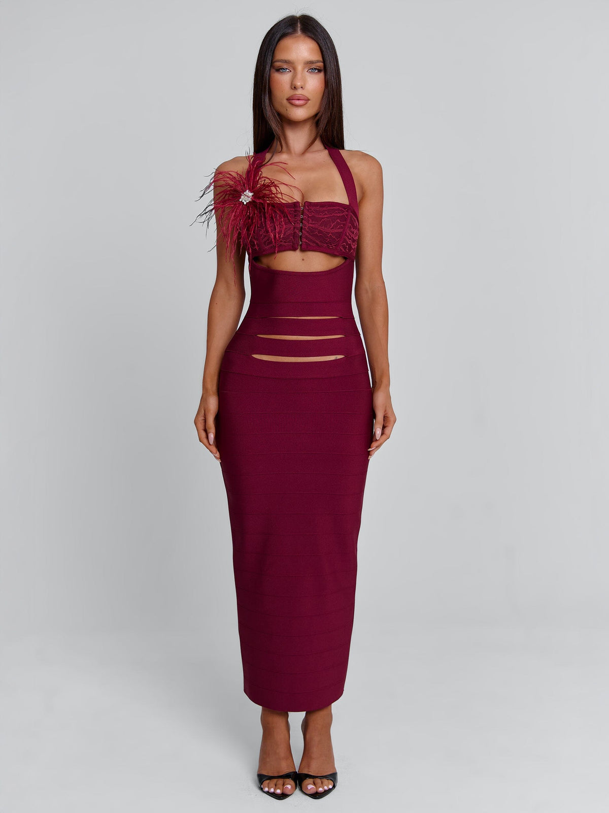 Bandage Feather Trim Lace Bust Halter Cut Out Midi Dress 6