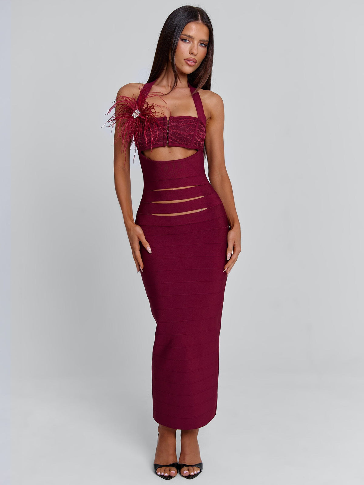 Bandage Feather Trim Lace Bust Halter Cut Out Midi Dress