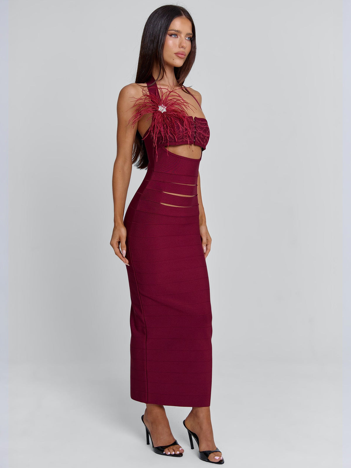 Bandage Feather Trim Lace Bust Halter Cut Out Midi Dress 3