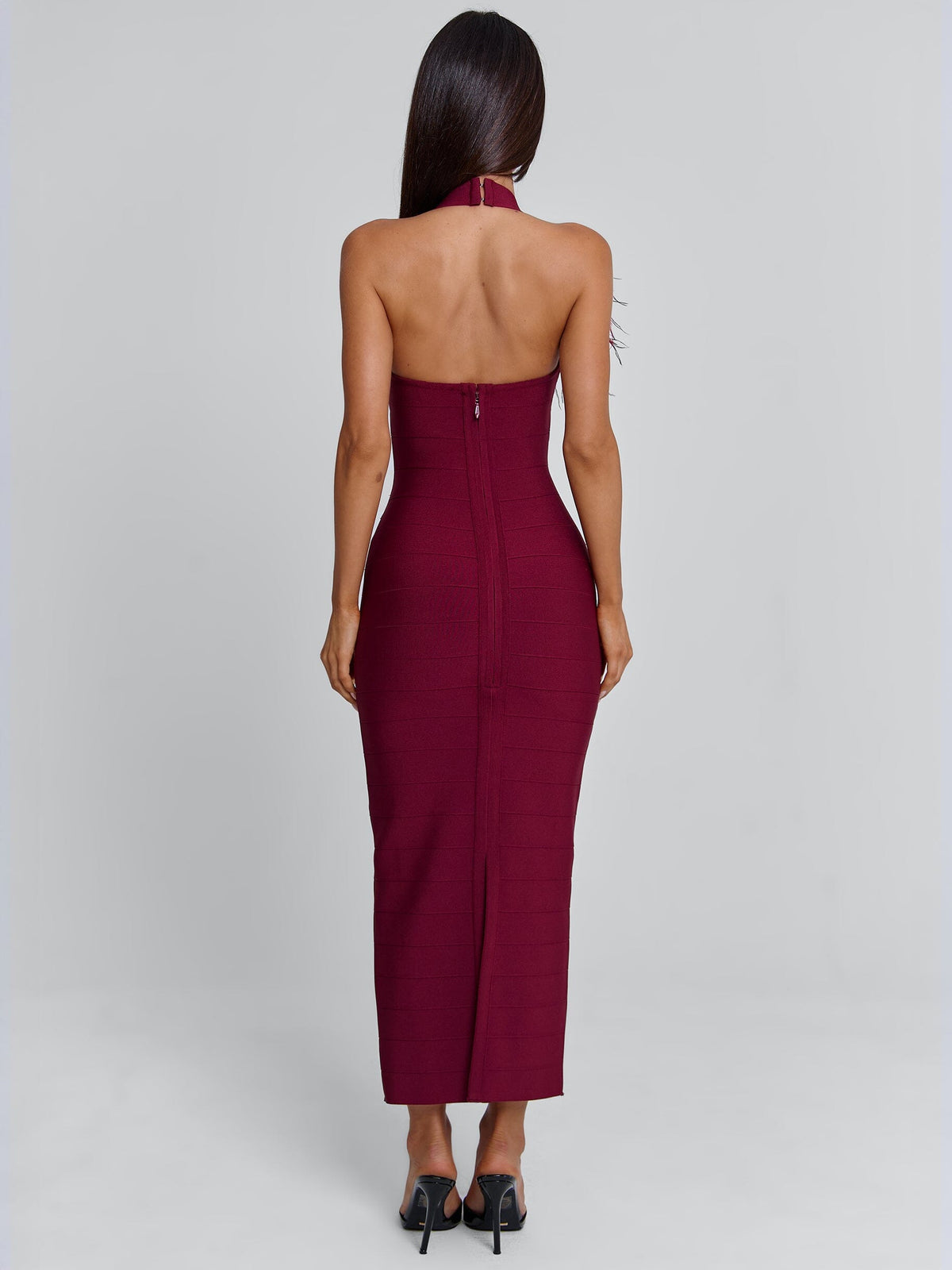 Bandage Feather Trim Lace Bust Halter Cut Out Midi Dress 5