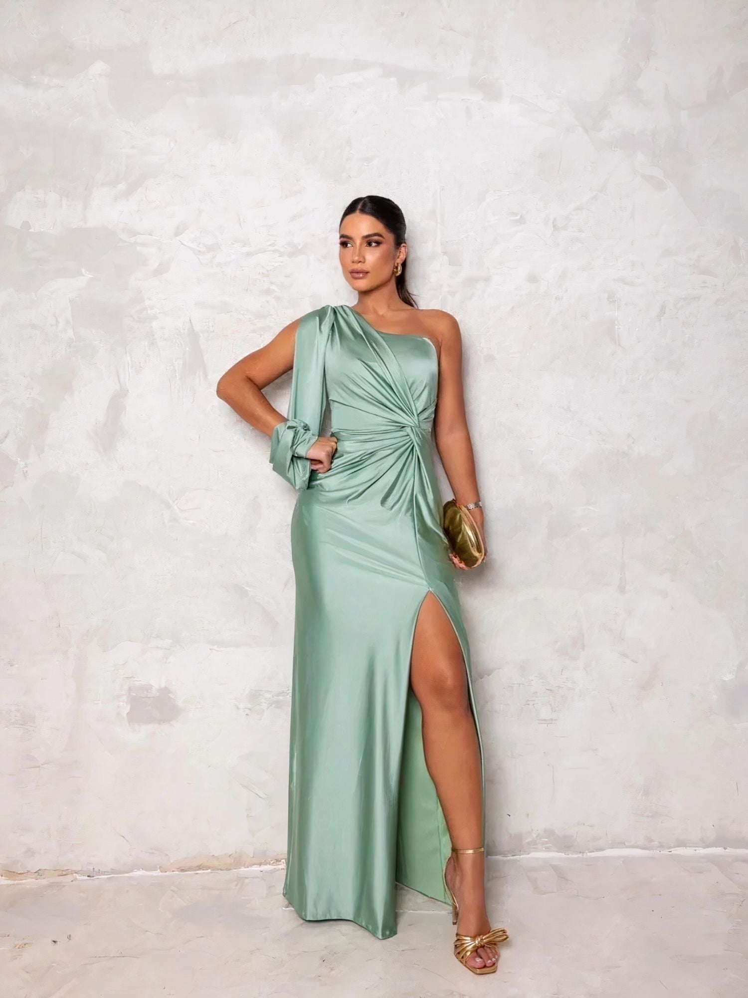 Satin One Shoulder Ruched Drape Panel High Split Maxi Gown