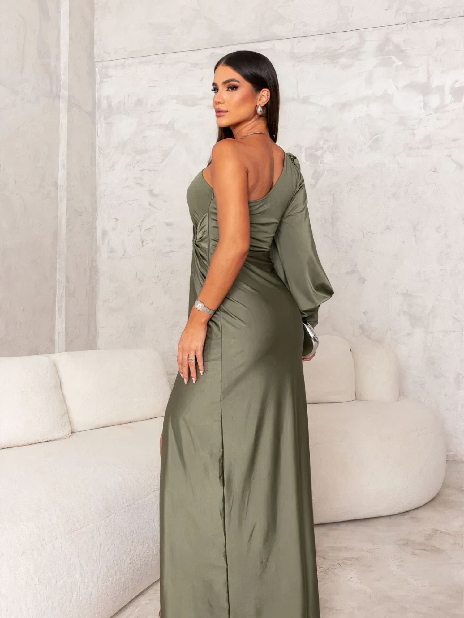 Satin One Shoulder Ruched Drape Panel High Split Maxi Gown
