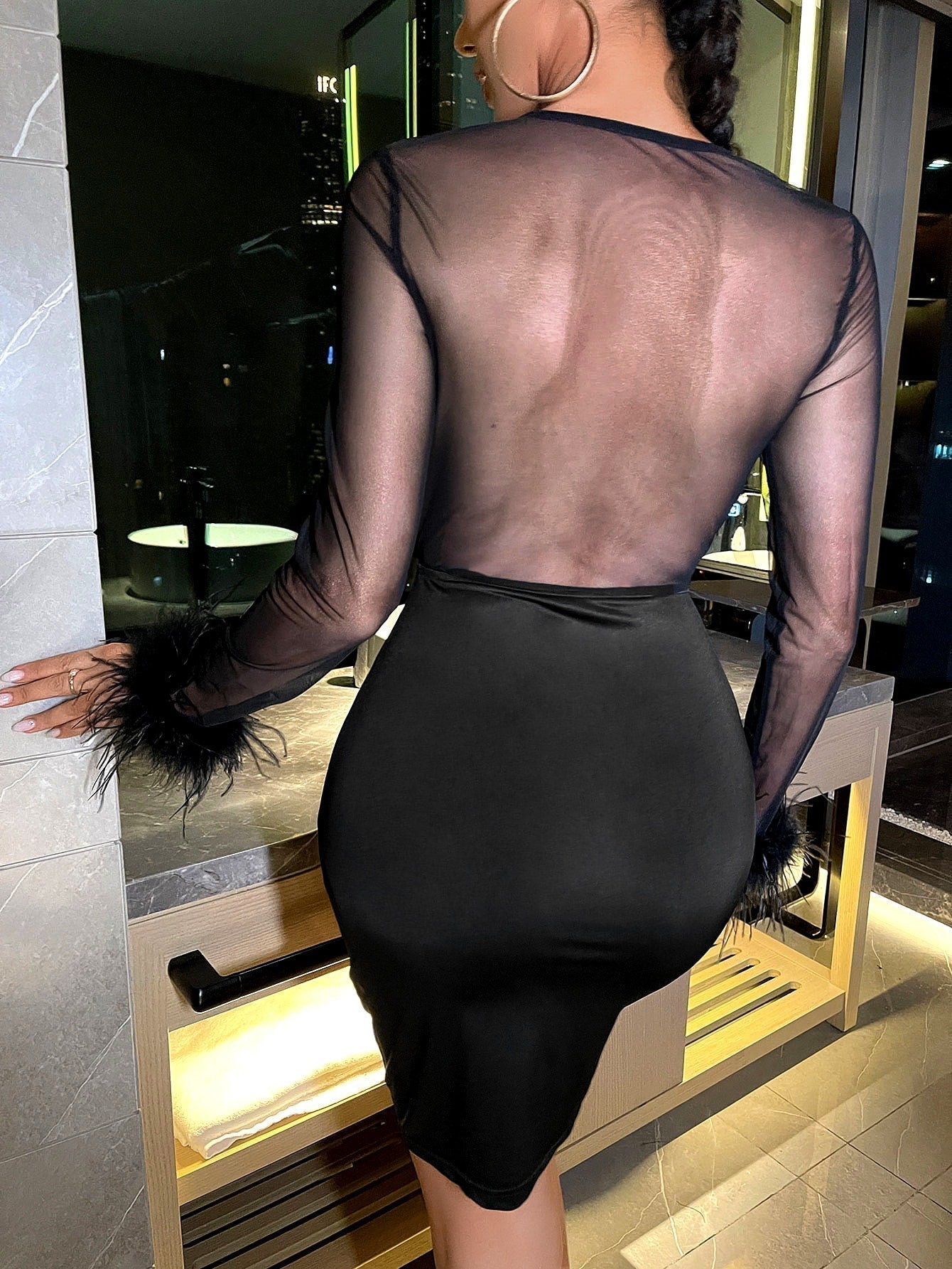 Sweetheart Long Sleeve Cut Out Feather Trim Bodycon Mini Dress