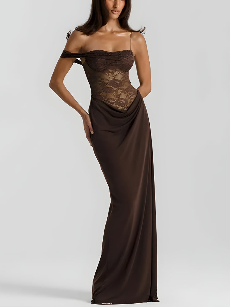 Sheer Lace Corset Bodice Off Shoulder Draped Maxi Dress