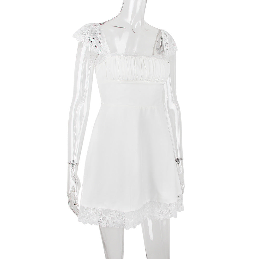Lace Trim Square Neck Ruched Fit and Flare Mini Dress 30