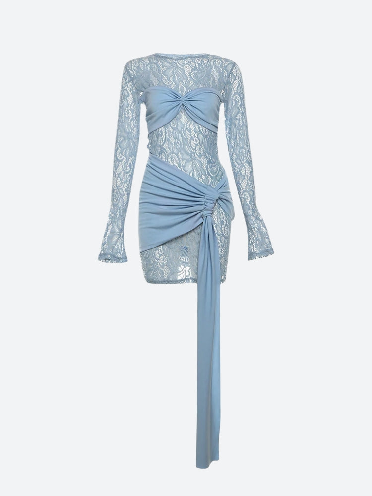 Sheer Lace Long Sleeve Ruched Side Drape Bodycon Mini Dress 5