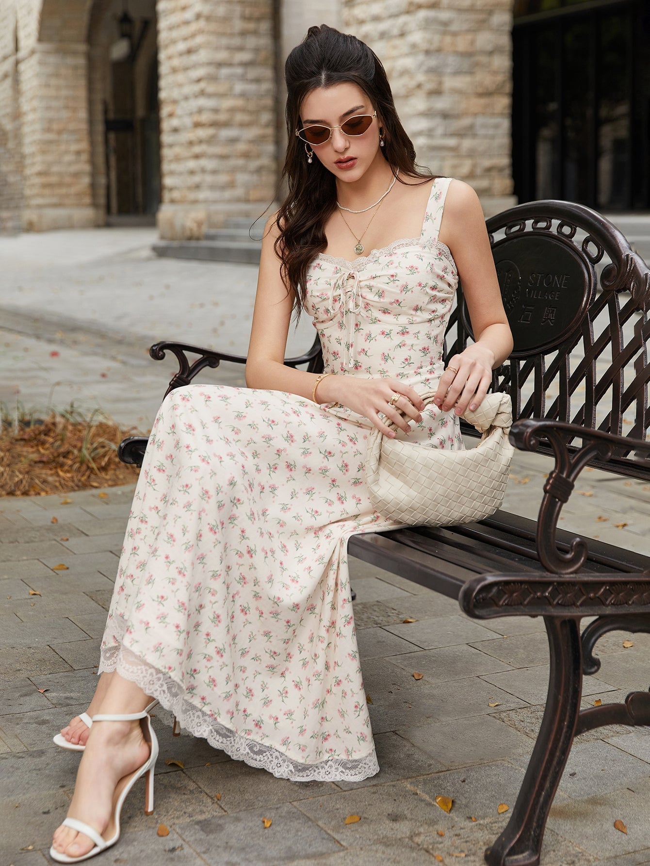 Lace Spliced Tie Front Floral Print Maxi Dress - View 6
