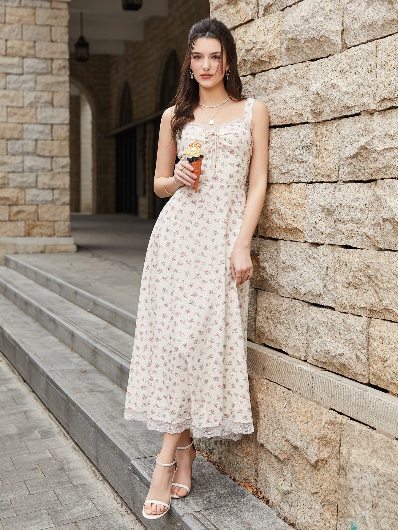 Lace Spliced Tie Front Floral Print Maxi Dress - View 5