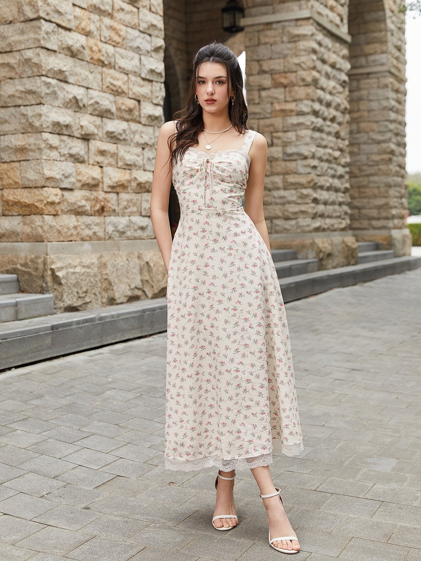Lace Spliced Tie Front Floral Print Maxi Dress - View 4