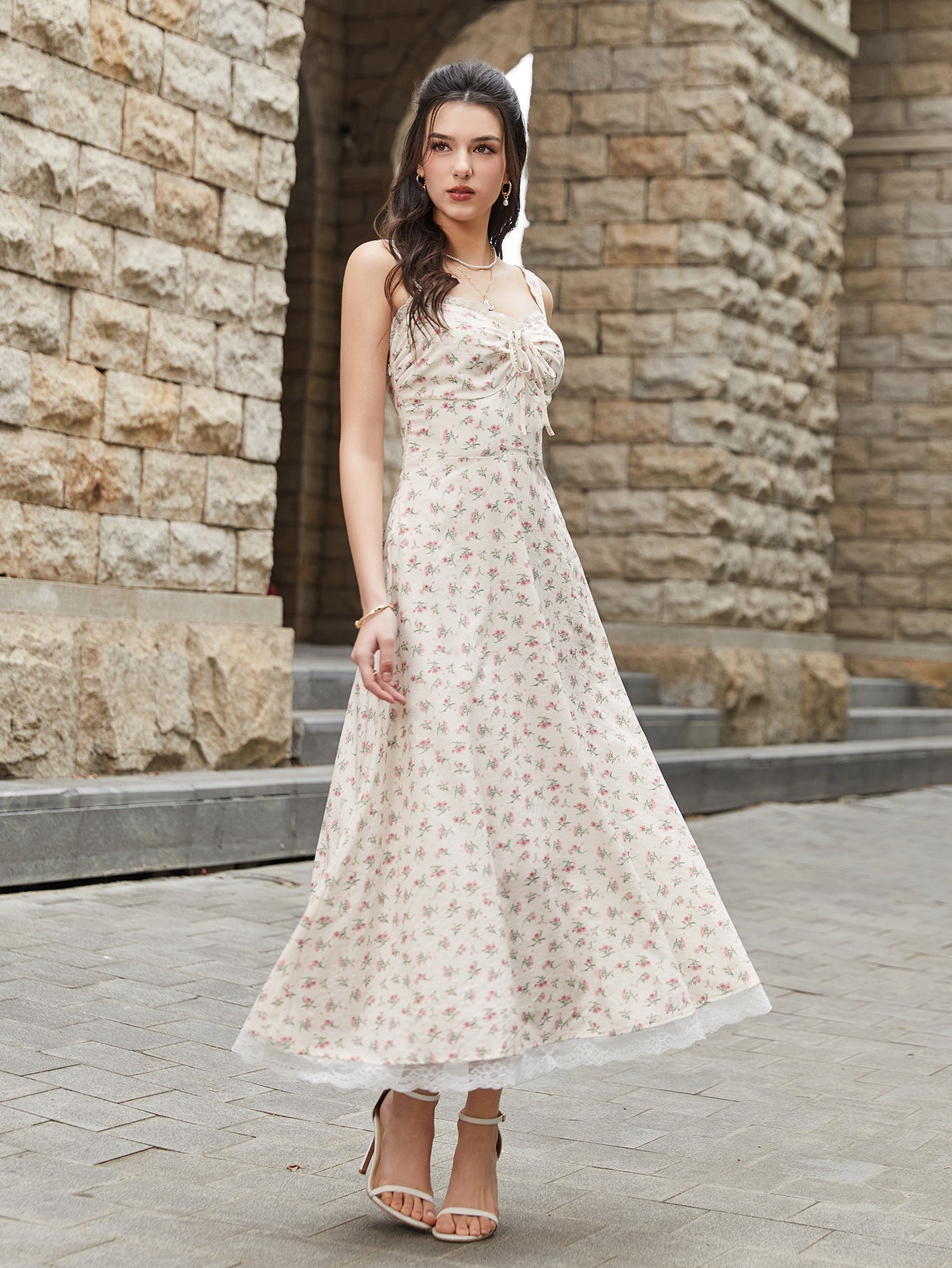 Lace Spliced Tie Front Floral Print Maxi Dress - View 3