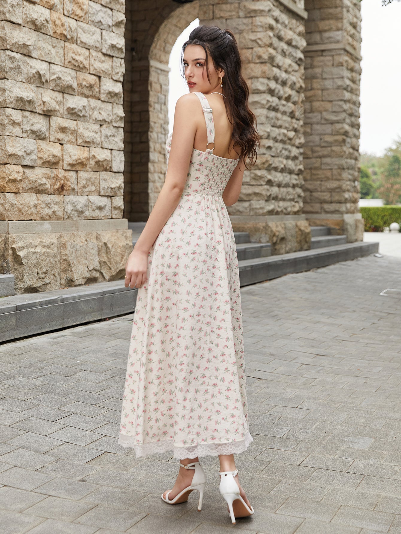 Lace Spliced Tie Front Floral Print Maxi Dress - View 2