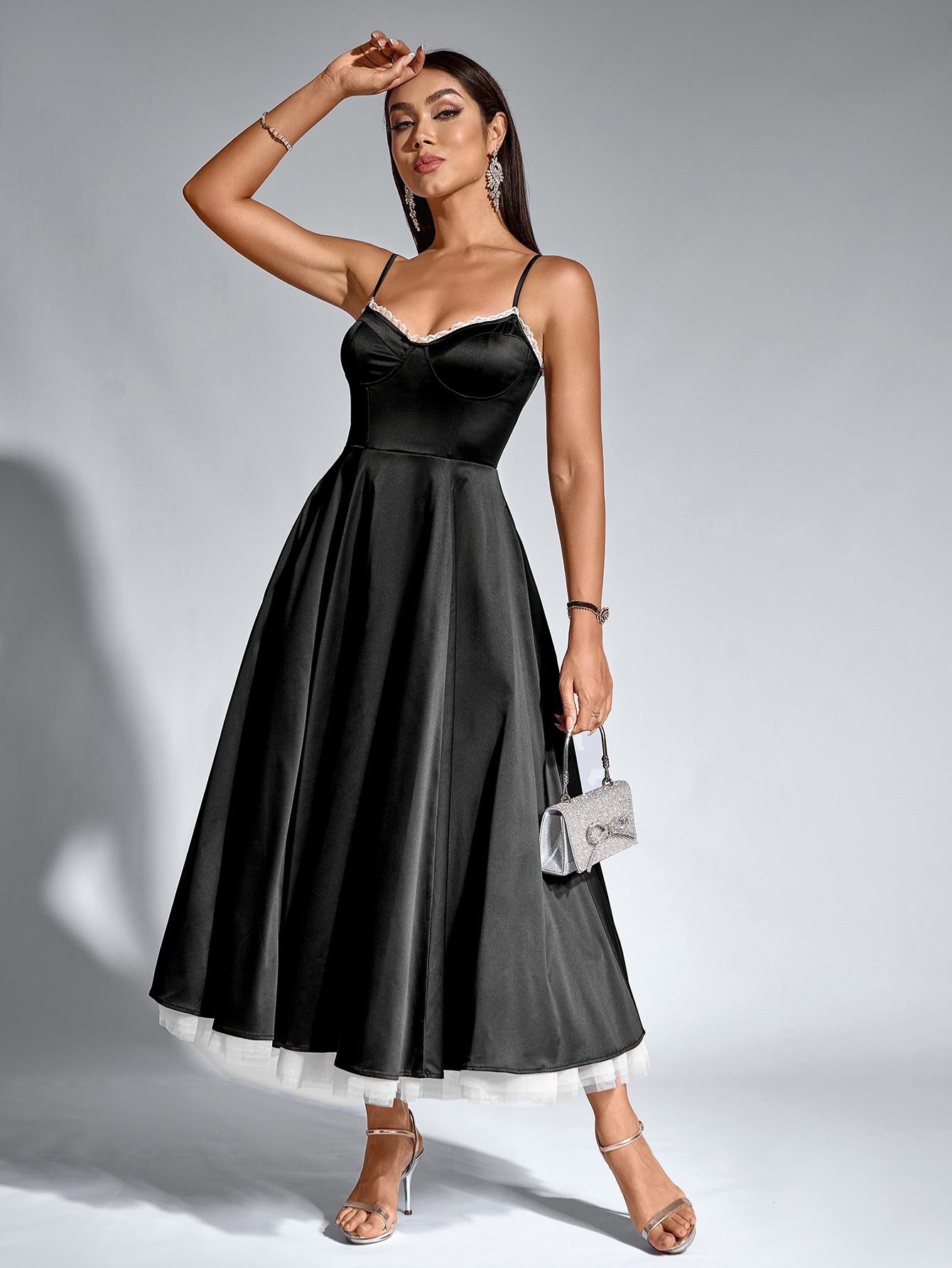 Lace Trim Corset Flared Hem Maxi Dress - View 3