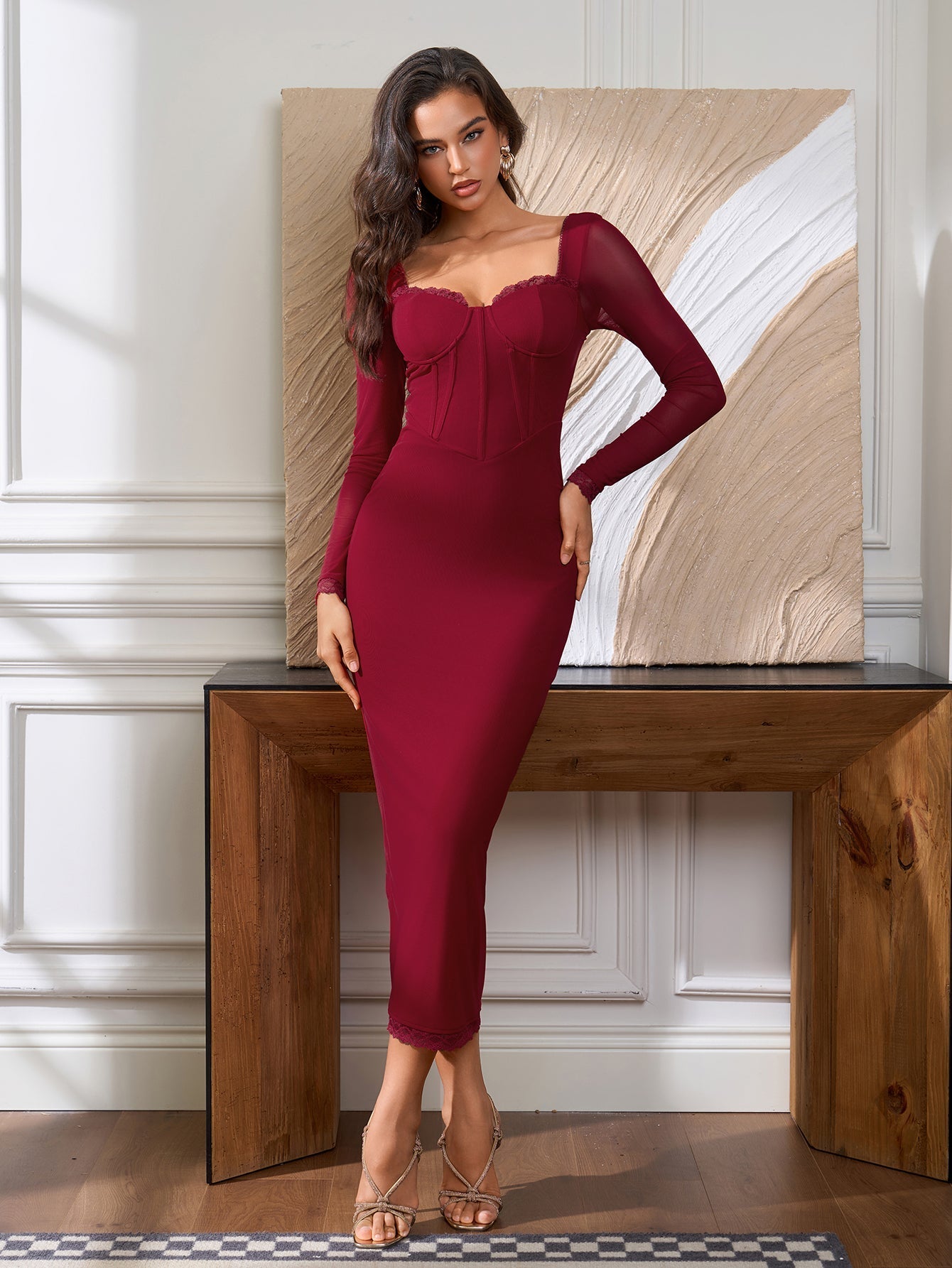Mesh Corset Sweetheart Lace Trim Long Sleeve Bodycon Midi Dress