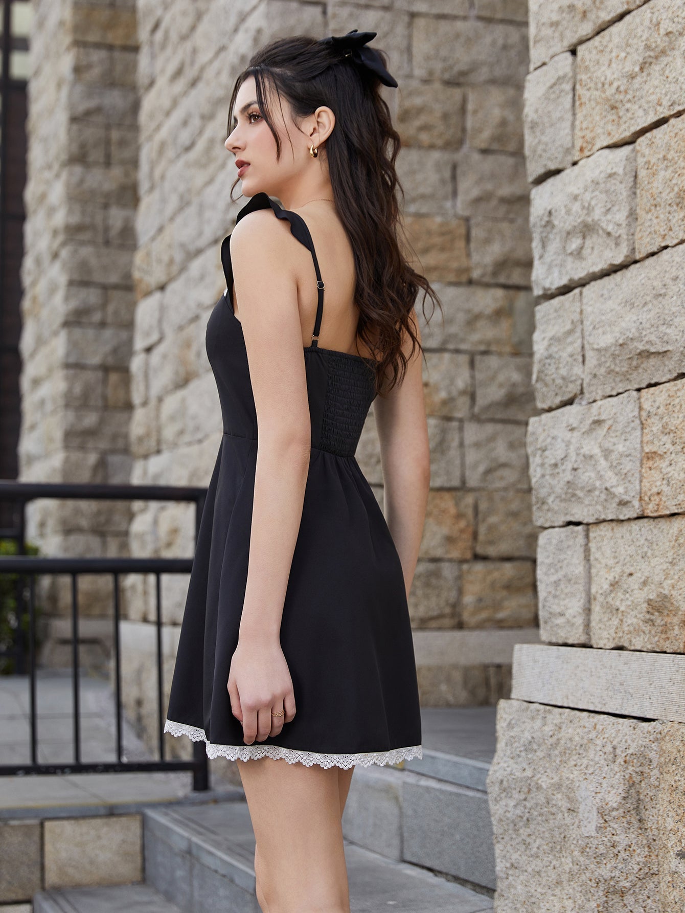 Lace Trim Square Neck Backless A-Line Dress - View 2