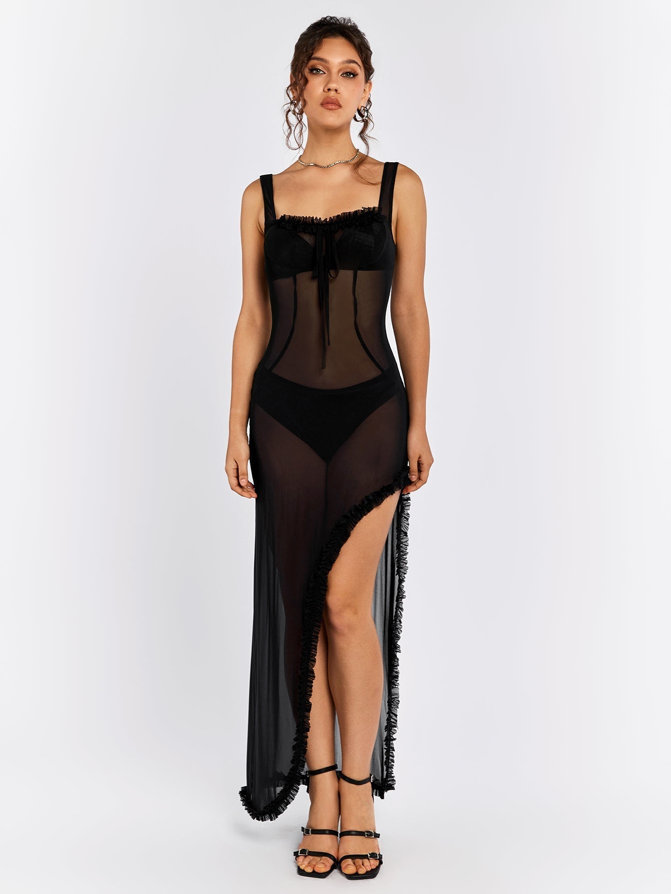 Mesh Square Neck Tie Front Corset Lace Trim High Low Maxi Dress
