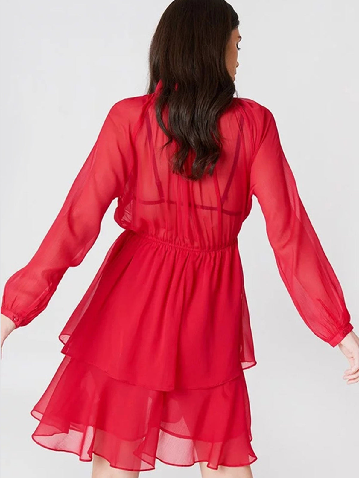 Sheer Chiffon Ruffle Collar Tie Neck Long Sleeve Tiered Mini Dress 4