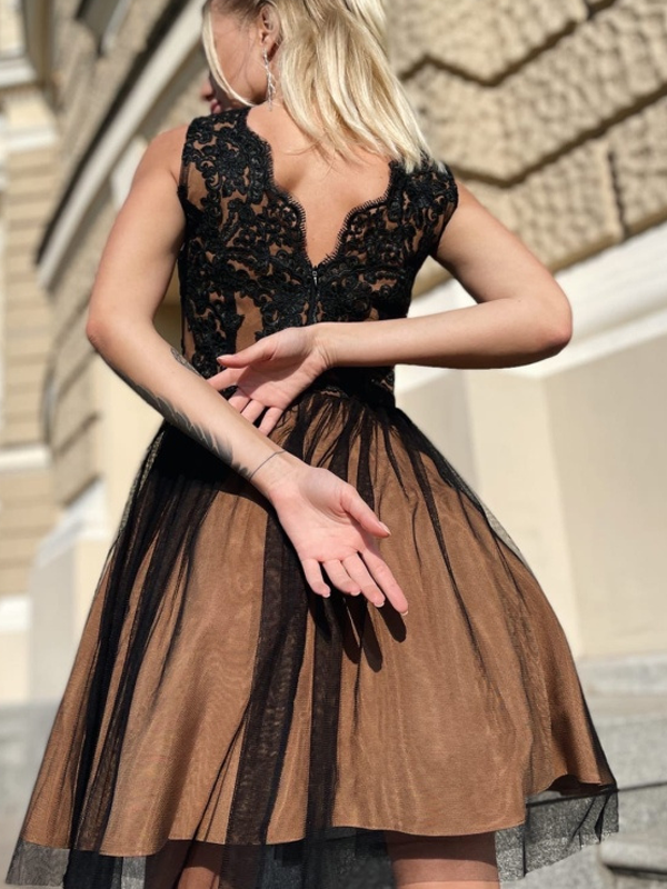 Lace Bodice V-Neck Sleeveless Tulle Skirt A-Line Mini Dress 3