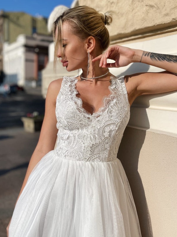 Lace Bodice V-Neck Sleeveless Tulle Skirt A-Line Mini Dress 4
