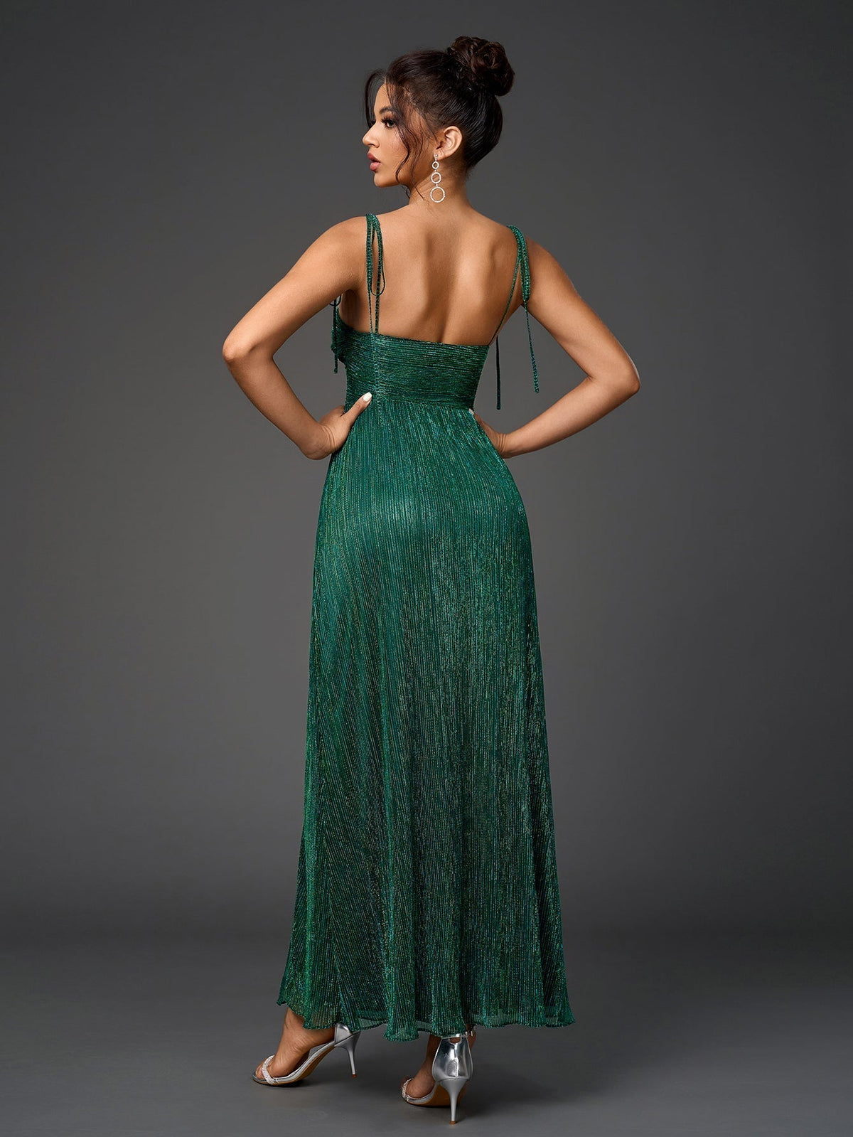 Glitter Twist Front Cut Out Tie Strap High Split A-Line Maxi Dress 13