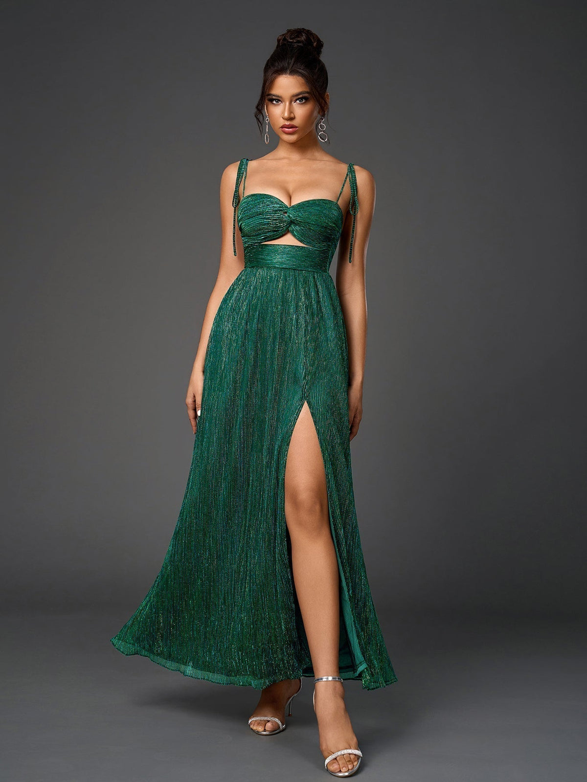 Glitter Twist Front Cut Out Tie Strap High Split A-Line Maxi Dress 16
