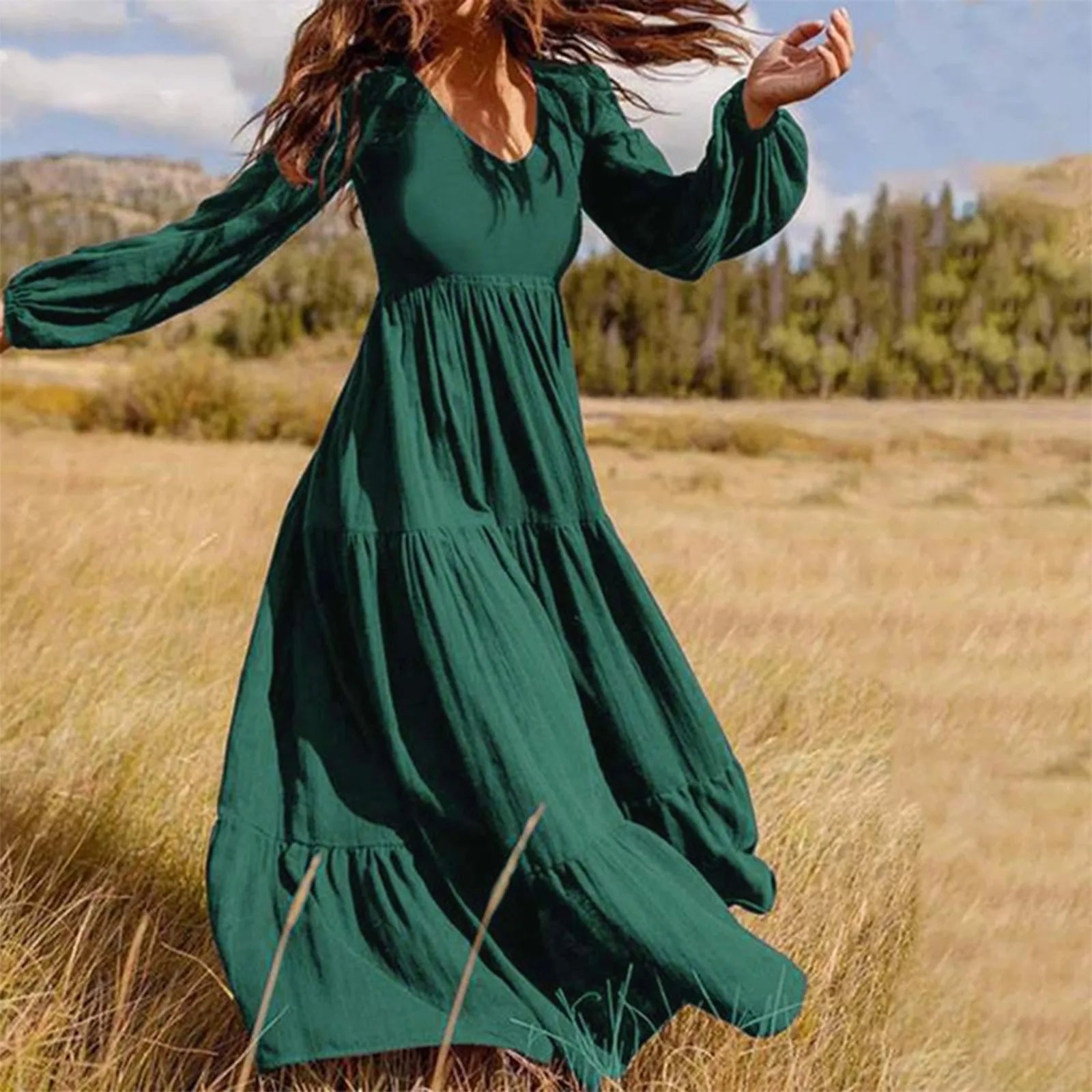 Plus Size Solid Color VNeck ALine Boho Maxi Dress