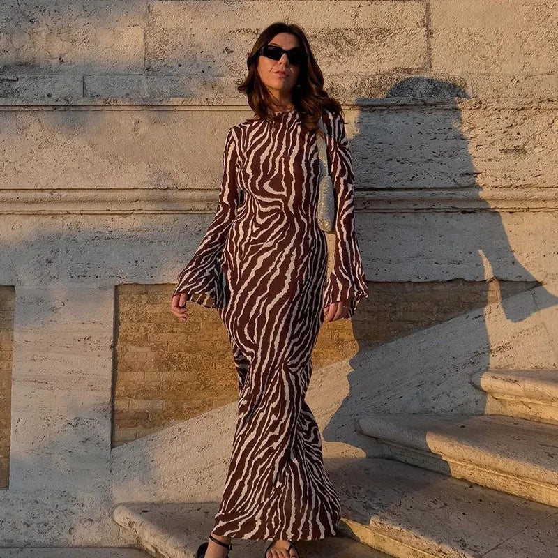 Refined Chiffon Print Long Sleeve Maxi Summer Floral Dress