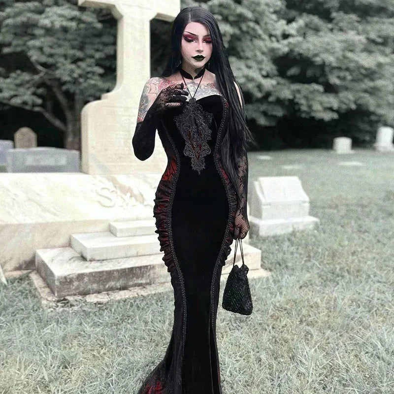 Velvet High Neck Long Sleeve Lace Applique Ruched Mermaid Maxi Gown