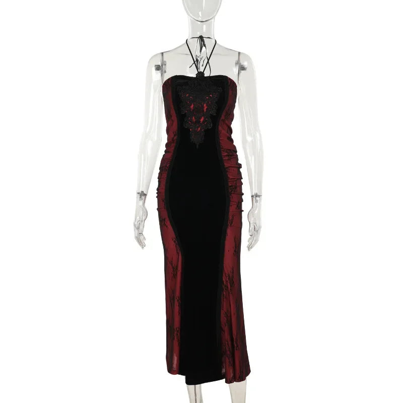 Velvet High Neck Long Sleeve Lace Applique Ruched Mermaid Maxi Gown