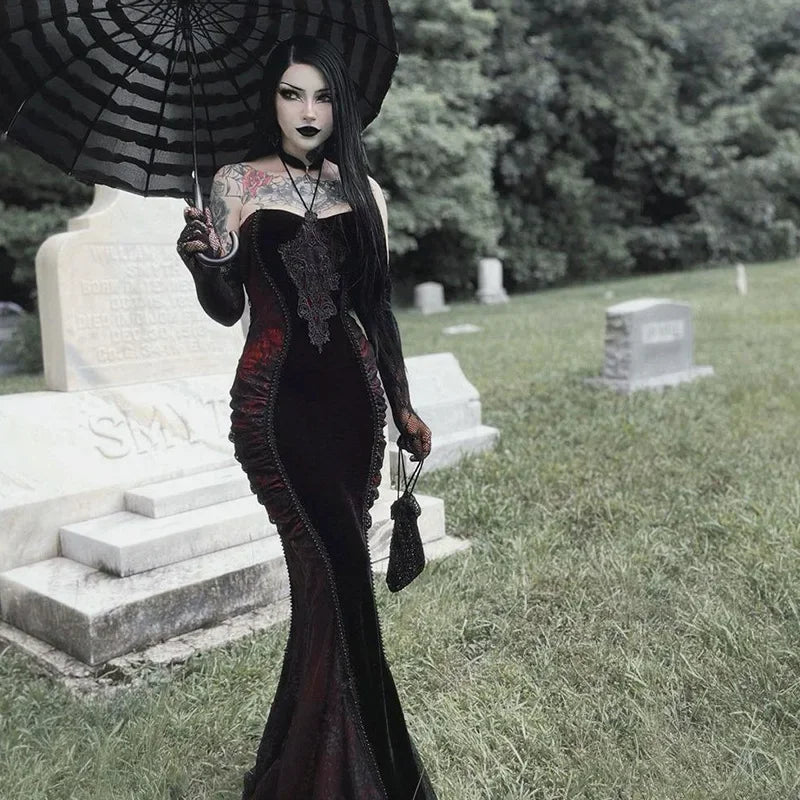 Velvet High Neck Long Sleeve Lace Applique Ruched Mermaid Maxi Gown