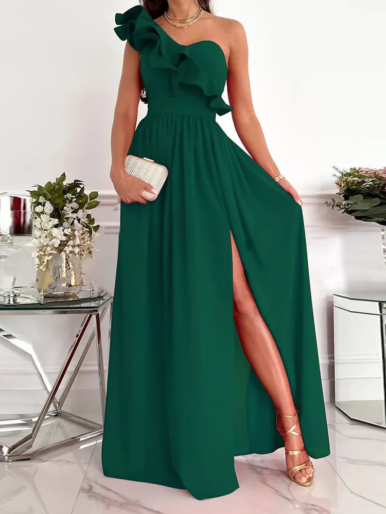 Off Shoulder Diagonal Collar Ruffle Hem Evening Maxi Dress 2