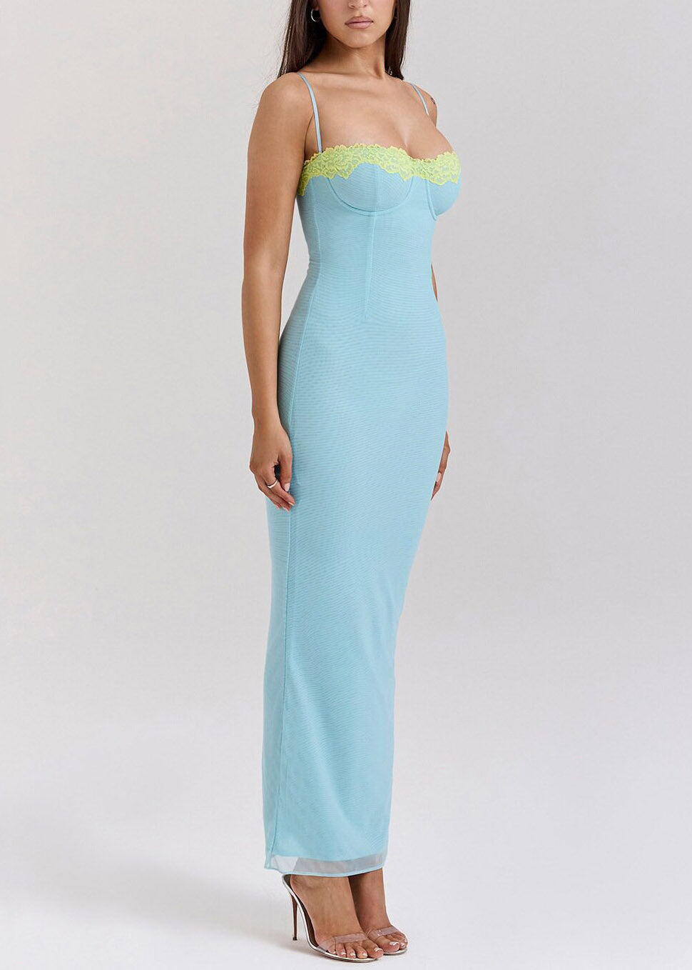 Lake Blue Tie Waist Solid Tulle Long Spaghetti Strap Dress - View 2