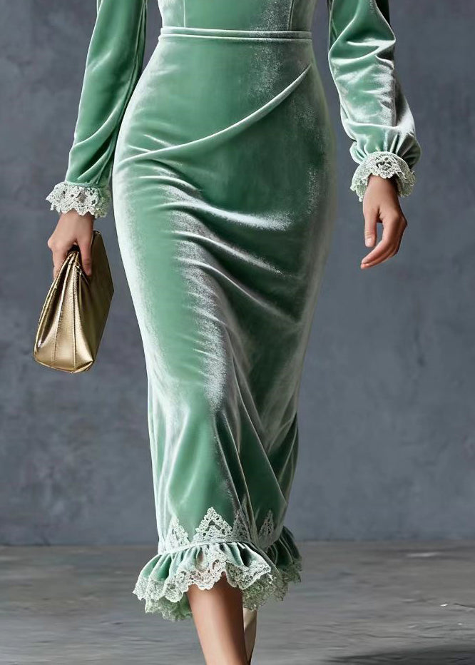Velvet V-Neck Long Sleeve Lace Trim Ruffle Hem Midi Dress