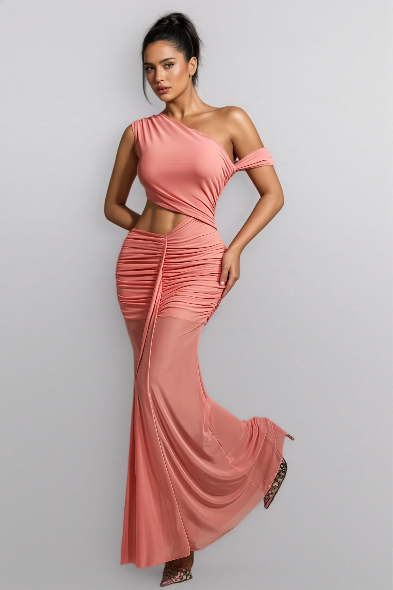 Orielrt Cutout Ruched Mesh Maxi Dress - View 3