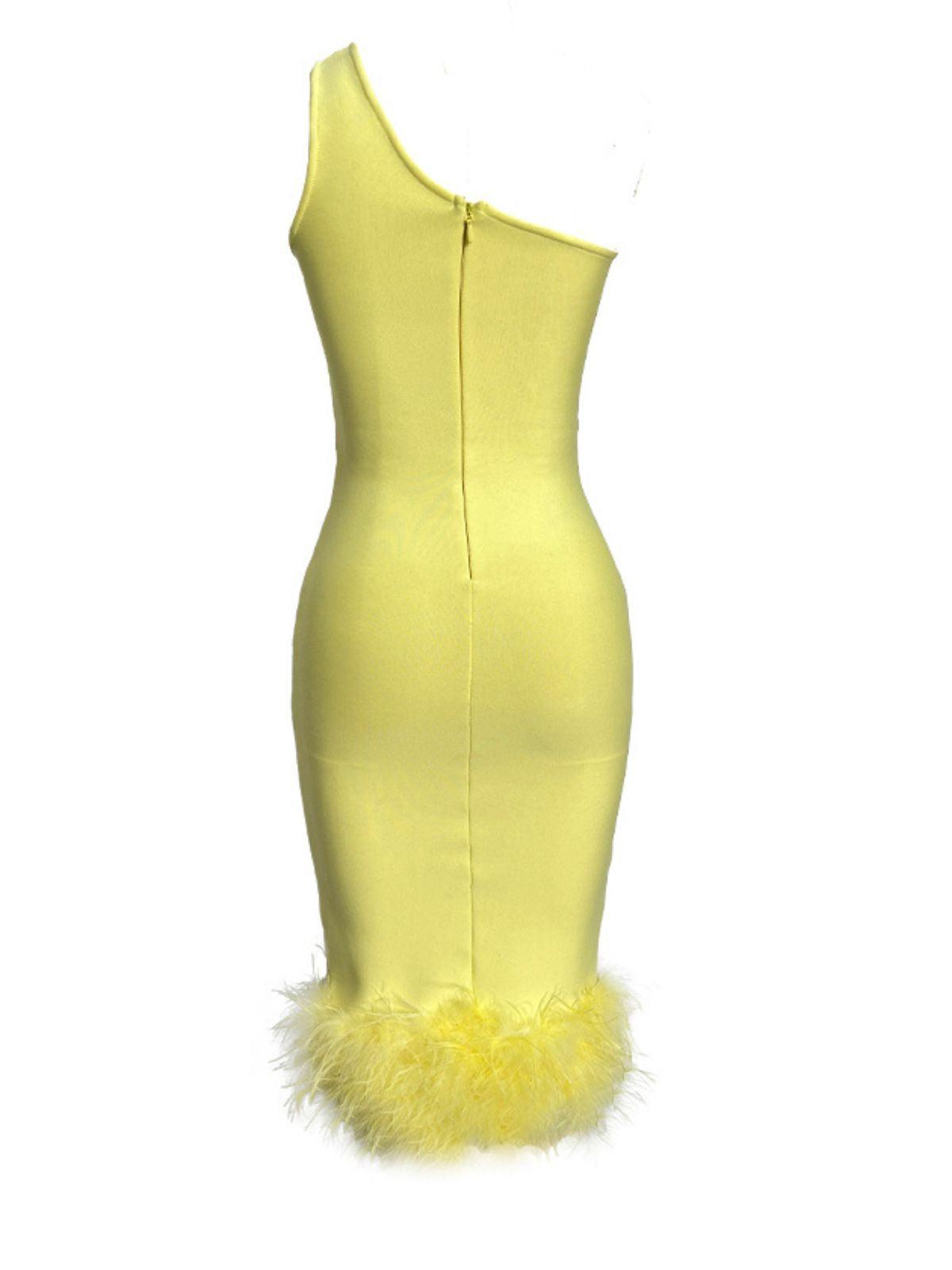 One Shoulder Cut Out Feather Hem Bandage Bodycon Midi Dress