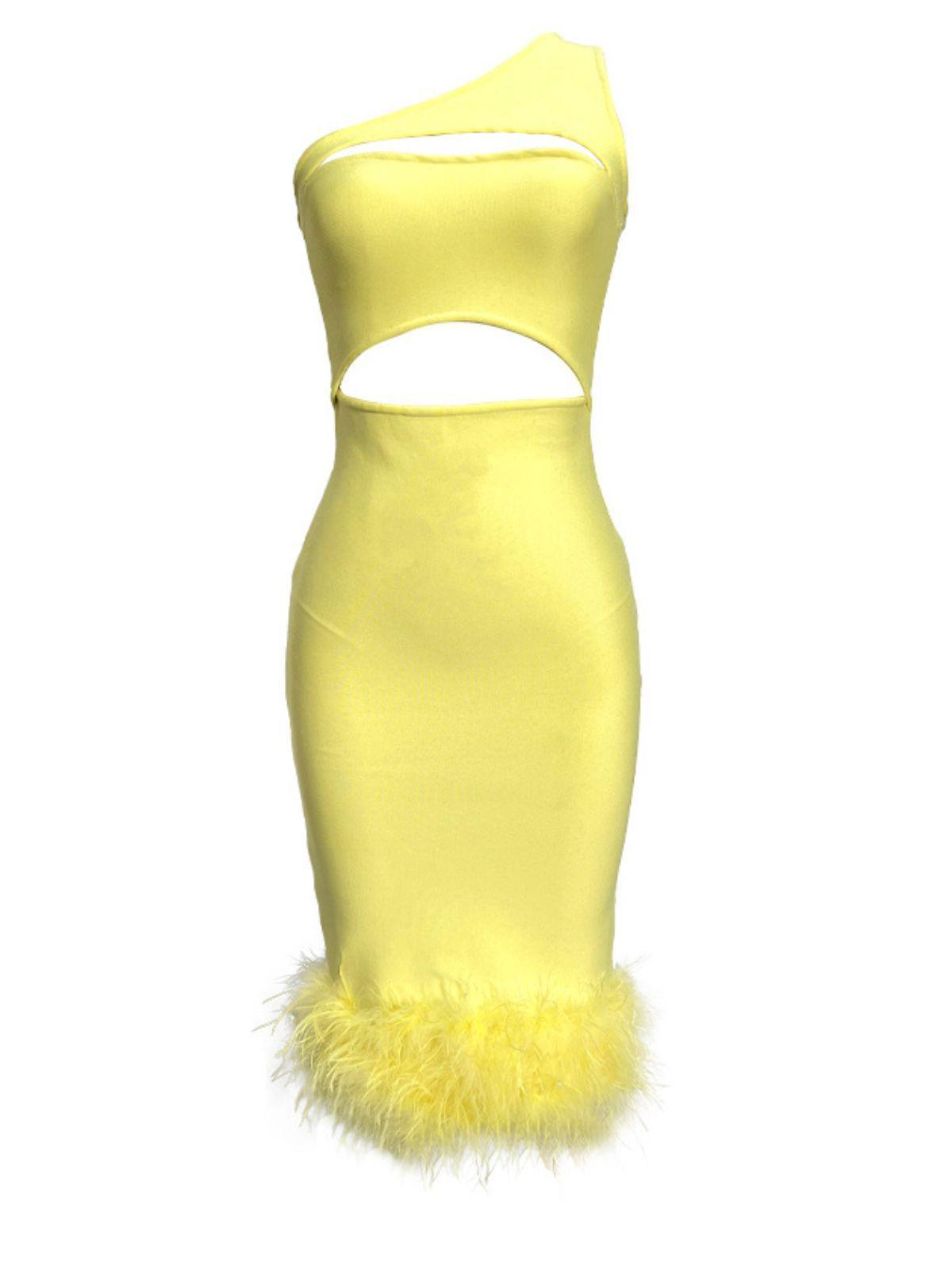 One Shoulder Cut Out Feather Hem Bandage Bodycon Midi Dress
