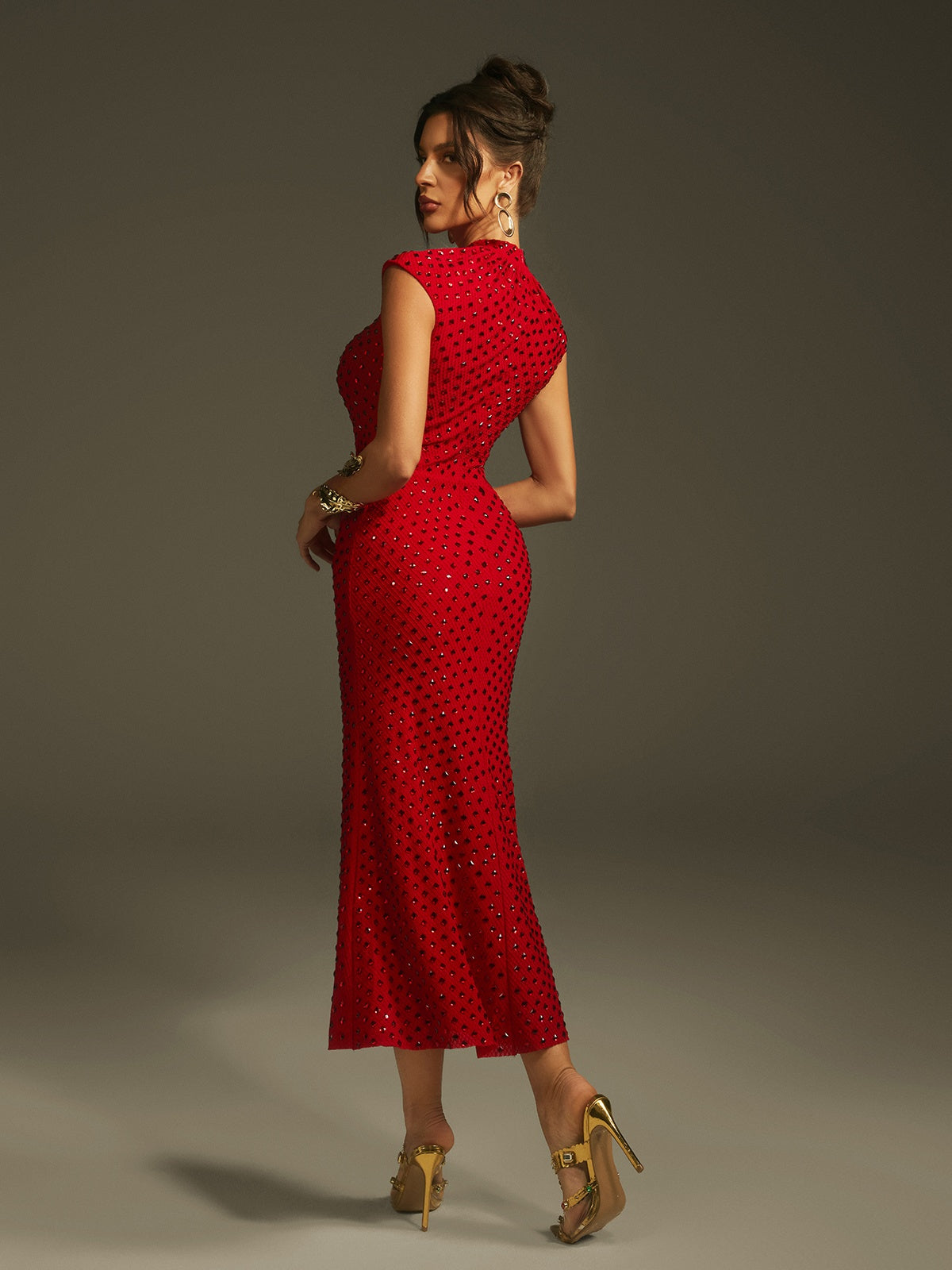 Rhinestone High Neck Rose Flower Cut Out Mermaid Midi Dress